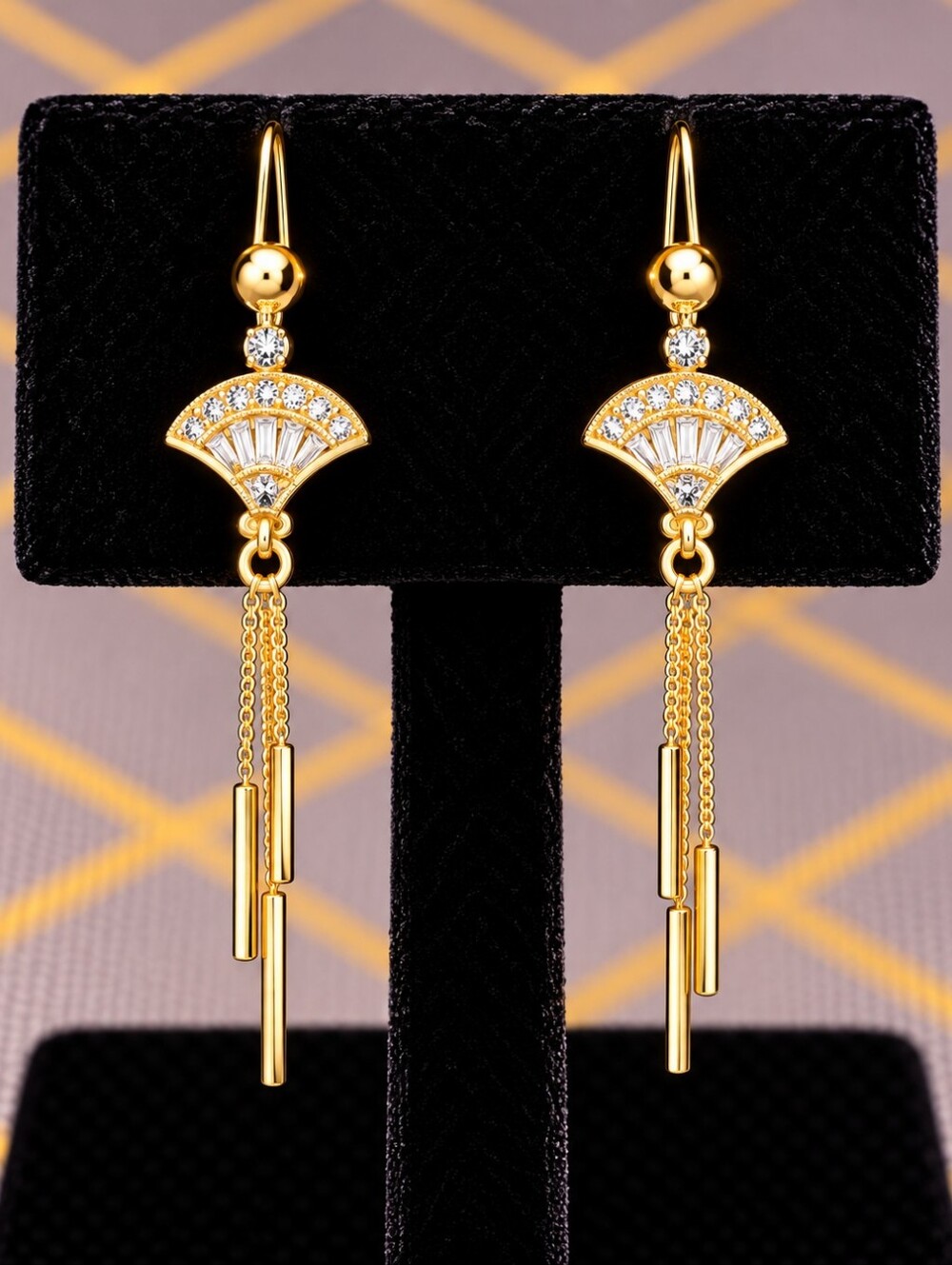 22kgp Dubai Jewelry Gold Fan Dangle Earrings with Chain Tassels - Women Jewelry
